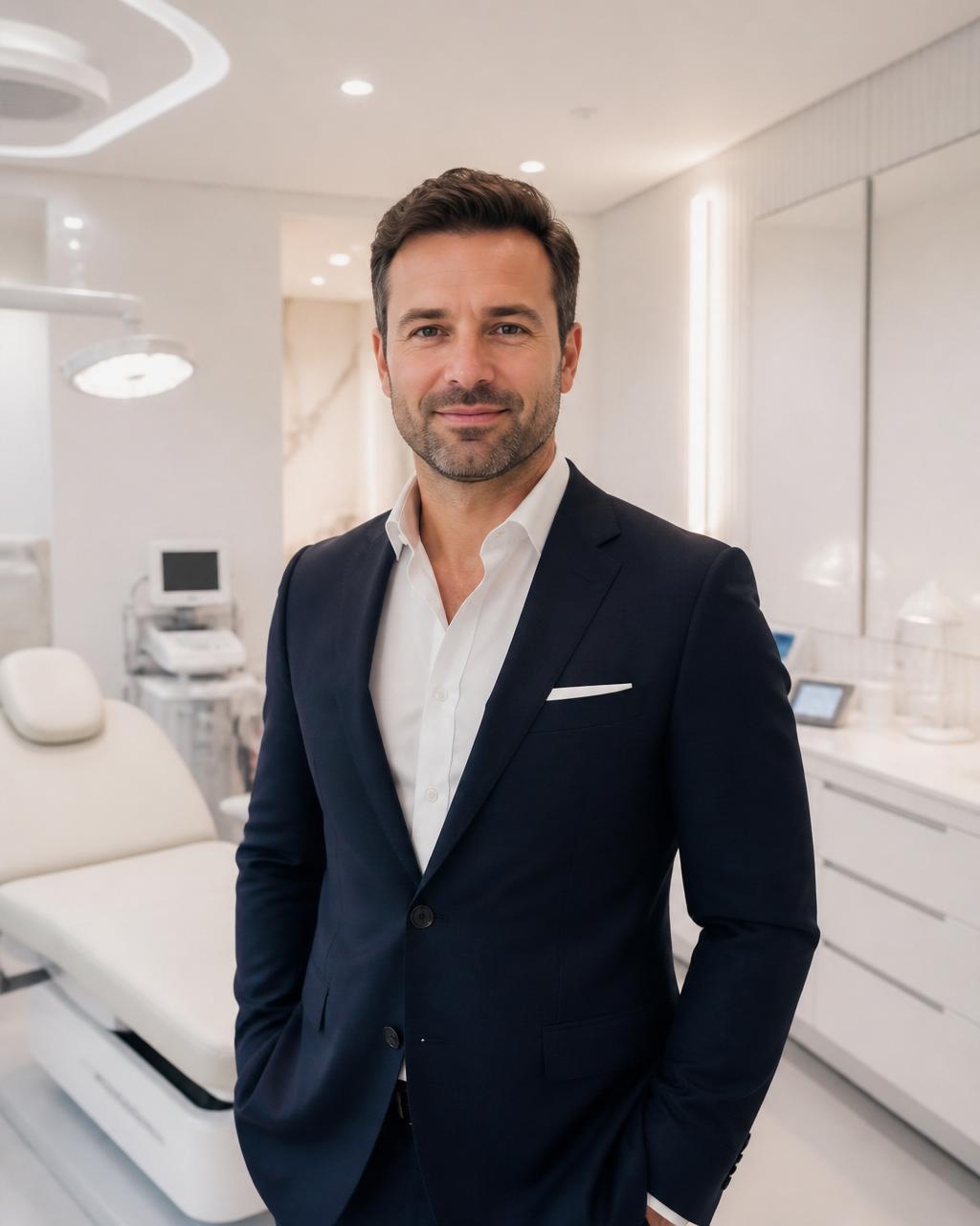 Beyaz, modern klinik ortamında 40 yaşında, kontrolü elinde tutan başarılı klinik sahibi